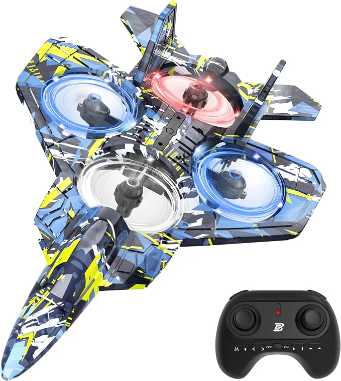 BEZGAR RC Plane, Foam Remote Control Airplane, Drone for Kids, RC Aircraft for Boys and Girls, Fighter Jet Helicopter with LED Lights, Altitude Hold, 360° Flip Stunt Rotation, Toy Airplane Blue