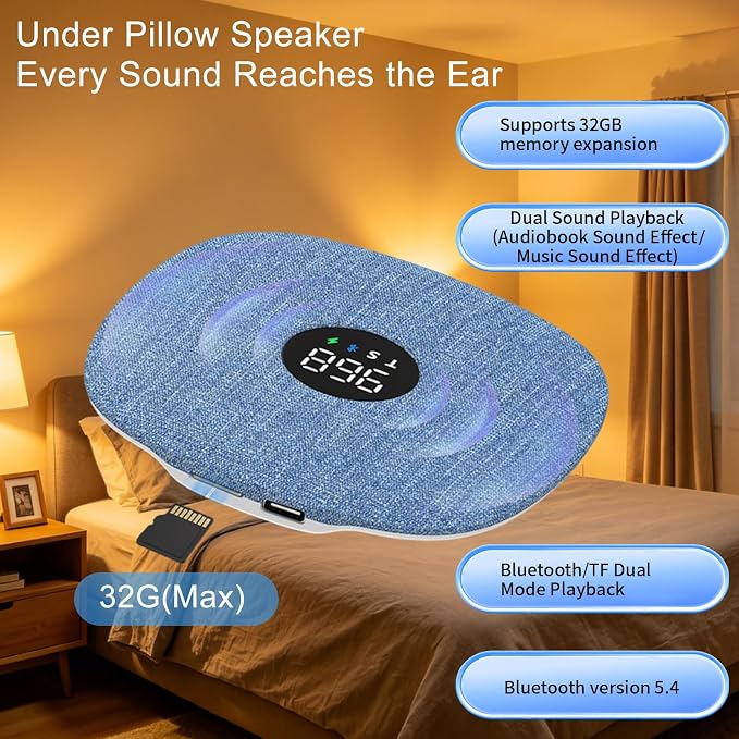 Hesond Under Pillow Speaker Dual Bone Conduction Stereo Bluetooth Wireless Music Portable Sleep Sound Sleep Speaker with LED Display White Noise Timer for Side Sleepers Supports TF Card (Blue)