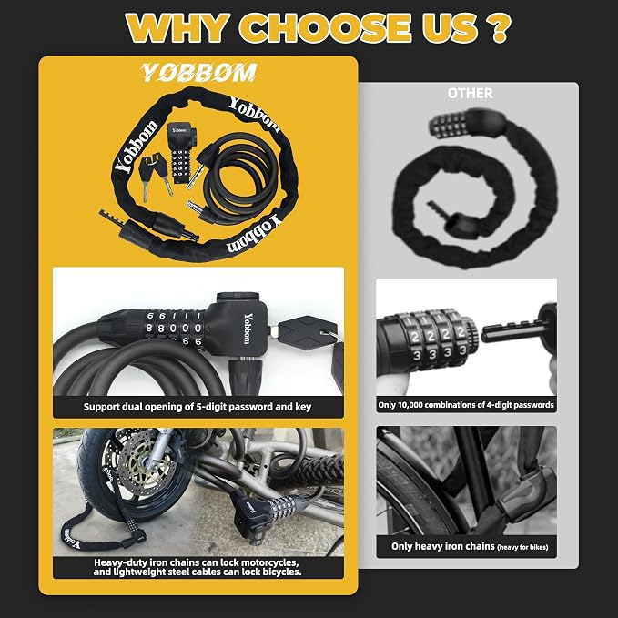 Heavy Duty Chain Lock & Combo Cable Lock with 5-Digit Combo | 100cm Alloy Steel Security Chain, 120cm Security Cable, For Bikes, Motorcycles, Gates, E-Bikes, For Ladders, Toolboxes