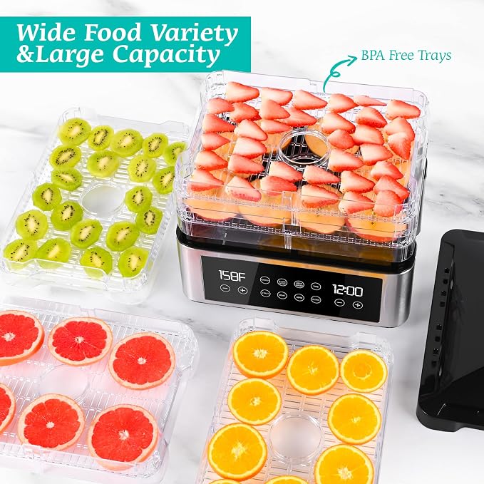 Food Dehydrator, One-Touch Dehydrator with Automatic Temperature Control 5 BPA-Free 11.4" Trays for Jerky, Dog Treats, Herbs, Meat, Fruit, and Yogurt