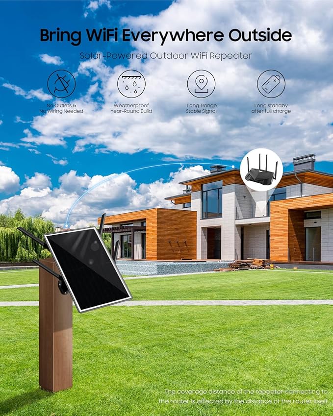 Solar WiFi Extender Outdoor with 4 Antennas, Solar Powered Outdoor WiFi Repeater with 15W Panel & 26000mAh Battery, Outdoor WiFi Extender up to 500ft, IP65 Weatherproof for Farm Yard Garage (Grey)