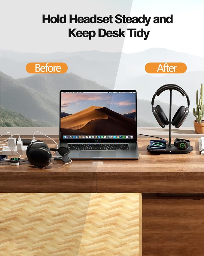 HiWe Headphone Stand, 2-in-1 Wireless Charger for iPhone/Apple Watch, Aluminum Alloy Rod, Minimalist Desk Organizer, Black