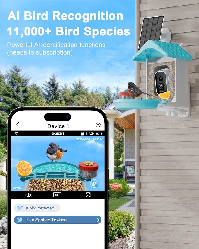 VISIOGEAR 2-in-1 Smart Wild Bird Feeder & Bath with 4K HD Camera, AI Identification Solar Bird Feeder Watching Camera Night Vision for Outdoor Birds Watching Gifts for Birdlover, Blue