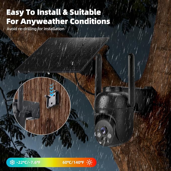 4G LTE Cellular Security Cameras Solar Powered No WiFi Security Camera Outdoor Wireless Built-in SIM Card 2K Color Night Vision 360° View Motion Detection 2-Way Audio 1 Pack