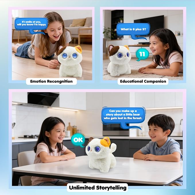 Contixo AI Pixie-Paw Smart Interactive Plush Cat – Voice-Responsive, Touch-Activated, Expressive Eyes, AI Companion Stuffed Animal for Kids & Pet Lovers, White