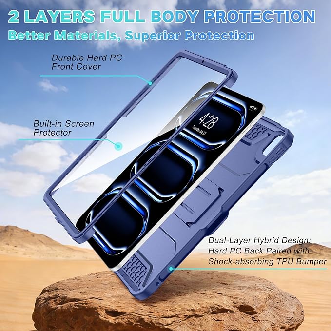 Soke Case for iPad Pro 11 Inch (M5) 2025/ (M4) 2024, with Built-in Screen Protector & Kickstand, Rugged Full Body Heavy Duty Protective Cover with Pencil Holder - Navy