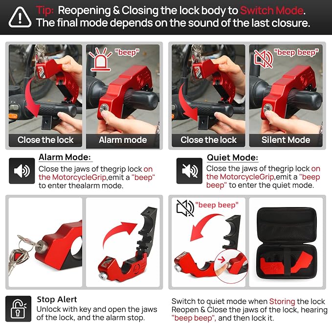 Motorcycle Locks Anti Theft, 130DB Alarm Motorcycle Grip Brake Lock, Heavy Duty Handlebar Throttle Lock Waterproof Alarm System for Moped, Bike, Scooter, ATV (Red)