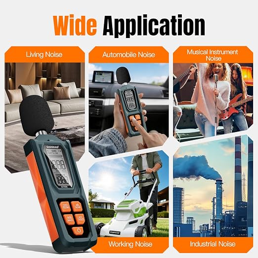 Decibel Meter, Goldeep SL750A Digital Sound Level Meter 30-130dB, A/C Weighted DB Meter with dB/SONE, Fast/Slow, MAX/MIN, LCD Sound Meter for Home, Office, Factory, Neighbor Noise - Vitality Orange