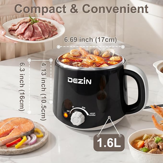 Dezin Hot Pot Electric, Rapid Noodles Cooker, Stainless Steel Electric Pot 1.6 Liter, Perfect for Ramen, Egg, Pasta, Dumpling, Soup, Porridge, Oatmeal with Temperature Control and Keep Warm Function