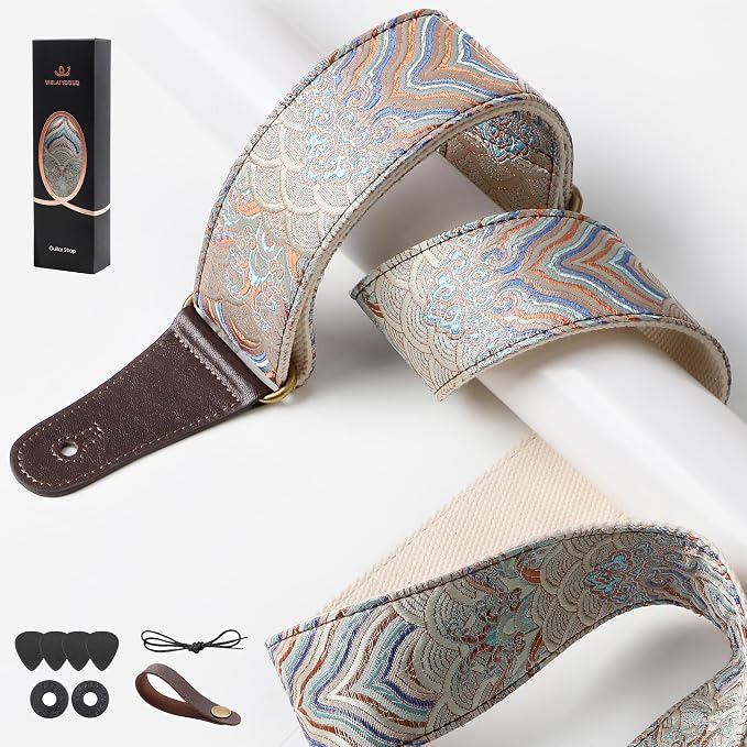 Guitar Strap, Electric& Acoustic Bass Guitar Straps,Embroidered Filament with Head Cowhide Leather Strap, with Free Strap Button,2 Guitar Strap Locks，4Guitar Pick (Blue Water Pattern)