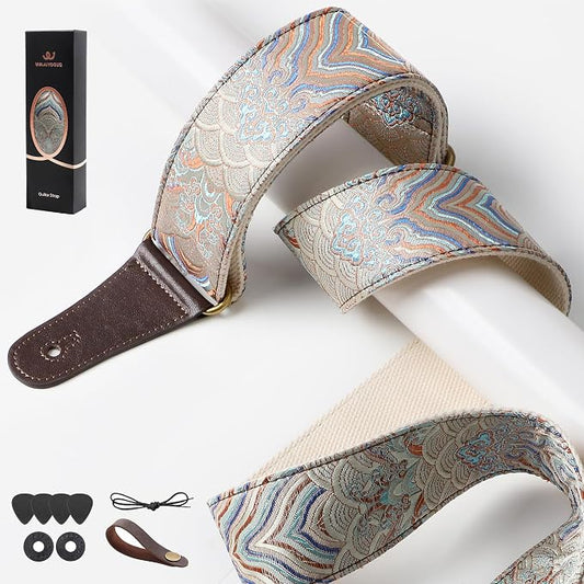 Guitar Strap, Electric& Acoustic Bass Guitar Straps,Embroidered Filament with Head Cowhide Leather Strap, with Free Strap Button,2 Guitar Strap Locks，4Guitar Pick (Blue Water Pattern)