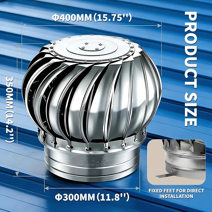 Stainless Steel Turbine Roof Ventilator, 11 Inch | 304 Grade Metal, Wind Turbine Cap, Attic Exhaust Vent, Rainproof, Silent Operation