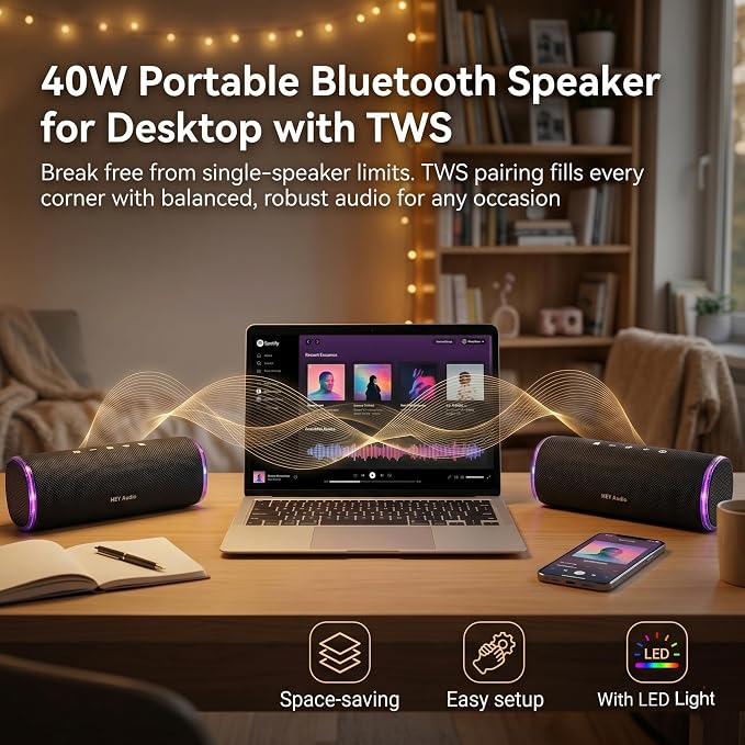 Bass Boosted Bluetooth Bike Speaker, IPX7 Waterproof Portable Wireless Outdoor Speaker, 25-Hour Playtime, LED Lights, TWS Pairing for Pool, Beach, Shower, Gifts (Black)