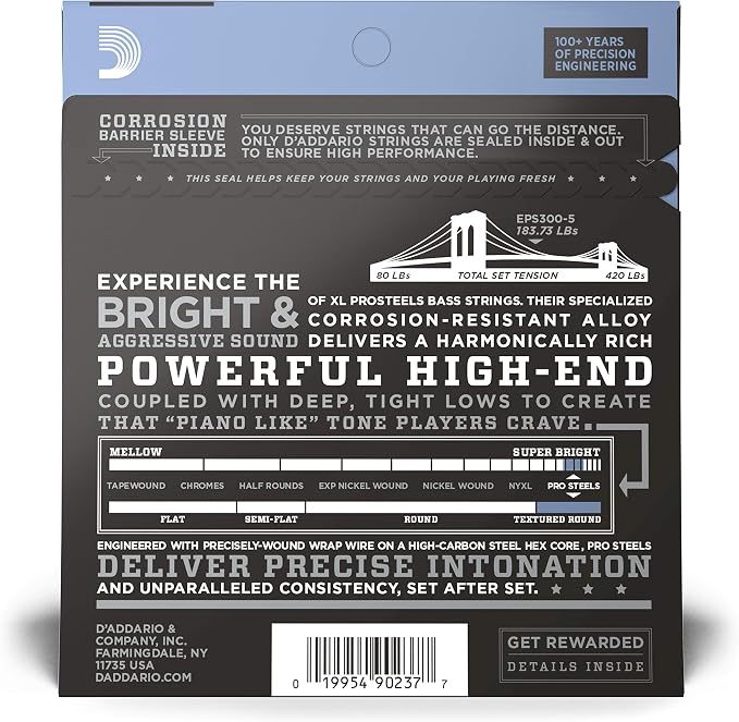 D'Addario XL ProSteels Bass Guitar Strings - EPS300-5 - 5 String - Long Scale - Custom Light Top/Medium Bottom Tapered, 43-127