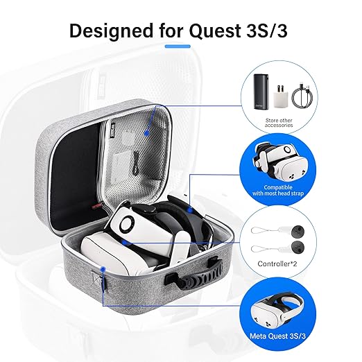 Large Carrying Case for Meta Quest 3S/3, Hard Travel Case Compatible with BOBOVR S3 Pro/KIWI Design Battery Head Strap, Quest Controller and Accessory, Portable Hard Shell Travel Bag, Grey