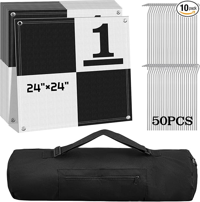 10 Pcs Drone Ground Control Point GCP, 50 Pcs Metal Fixing Stakes with Storage Bag, UAV Aerial Target for Mapping & Surveying, Black/White Markers(Grid Numbered Plaid)