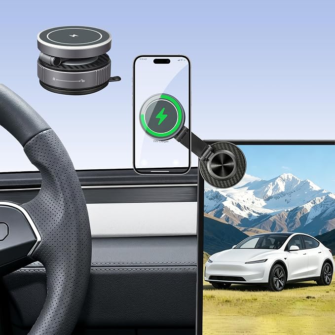 Phone Holder for Model Y,Magnetic Phone Holder,15W Wireless Car Charger with Magsafe,Suction Cup Phone Mount for iPhone & Android,360 & Foldable,Car Accessories for Model 3 & Y