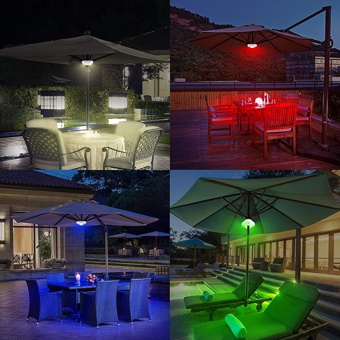 BIGMONAT Battery Operated Patio Umbrella Light, Outdoor LED Table Umbrella Lights with Remote, 12 Color Changing Umbrella Pole Light with Timer and Dimmer, Wireless Tent Lights for Camping, White