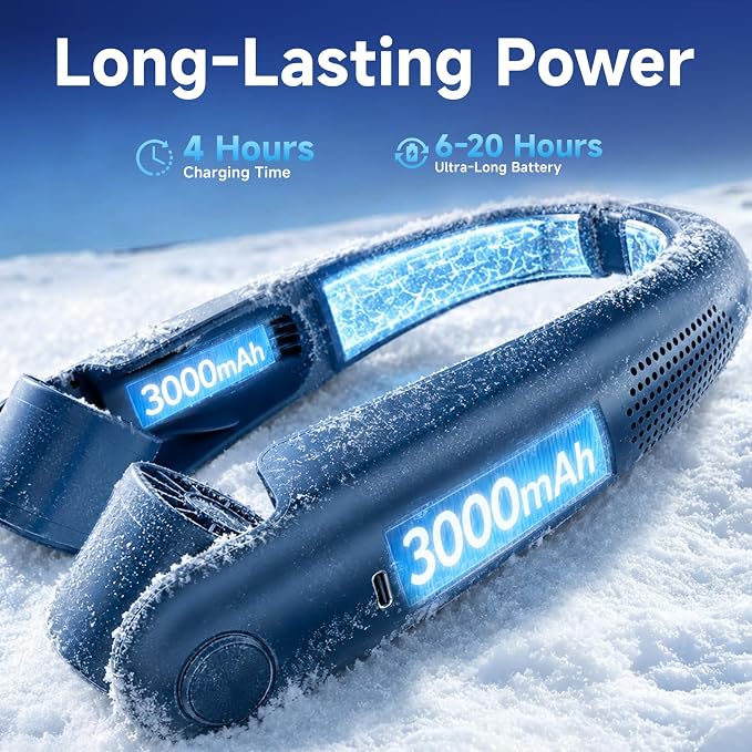 Portable Neck Fan with Cooling Plates, 6000mAh Rechargeable Wearable Fan with 1-100 Speed Control, Hands-Free Personal Cooling Fan with Digital Display, Adjustable Air Outlets for Travel Outdoor-Blue
