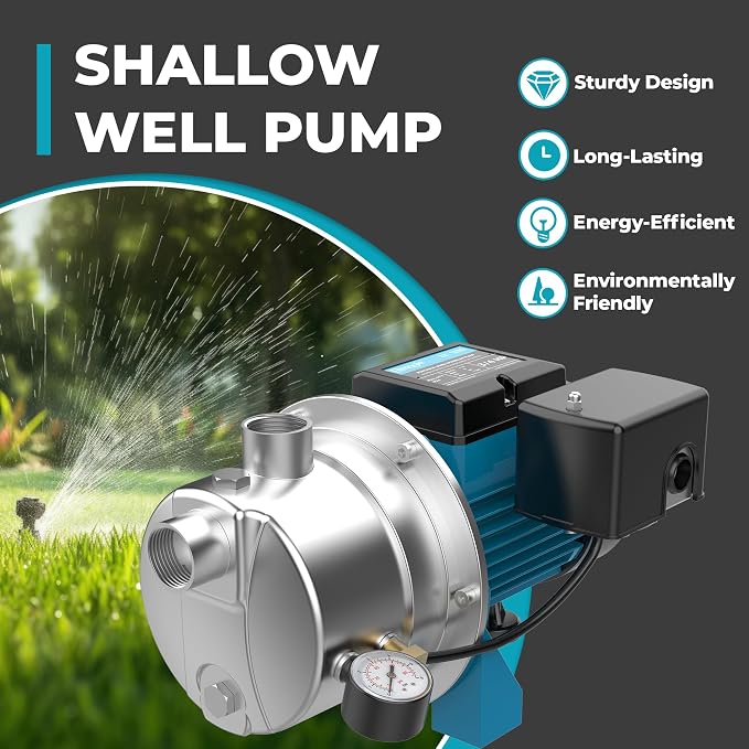 3/4HP Shallow Well Pump, 1100GPH Stainless Steel Sprinkler Booster Pump, Well Depth Up to 25FT, Automatic Pressure Switch, Water Transfer Draining Irrigation Pump Max. Head 115FT for Lawn