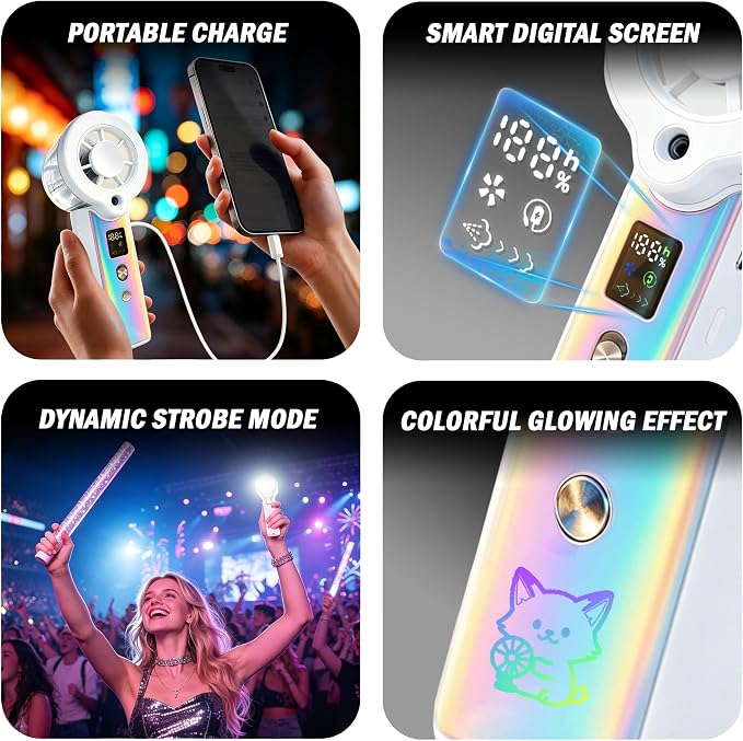 Portable Misting Fan, Handheld Rechargeable Fan with Water Mist, Personal Mini Turbo Fan with 1-100 High Speeds (20000 RPM), LED Light for Music Festival, Summer Trip Must-Haves, Holographic White Fan
