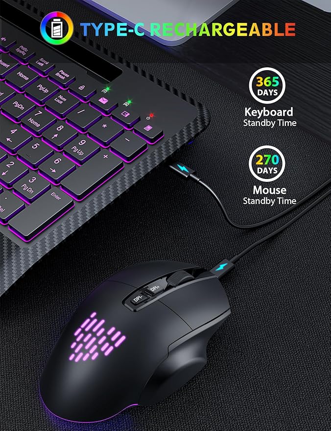 Wireless Keyboard and Mouse Backlit, Wrist Rest, LED Mouse, Rechargeable Ergonomic Keyboard with Phone Holder, Silent Light Up Combo for Computer, Mac, PC, Laptop, Chromebook - SABLUTE KM22 Ultra+