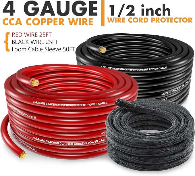 Jeemiter 4 Gauge CCA Wire Copper Clad Aluminum (50FT Red/Black) - 4ga Power/Ground Cable with 100A ANL Fuse Holder,1/2 Inch Cable Split Sleeving,Lugs,Heat Shrink Tubing for Car Audio,Solar,RV & Marine
