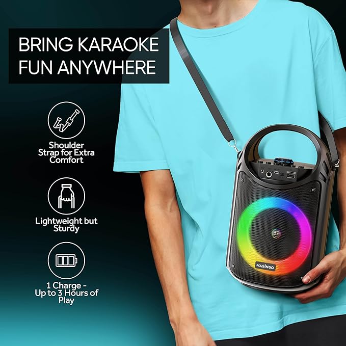 MASINGO Karaoke Machine for Kids and Adults with 1 Wireless Karaoke Microphone and 1 Wired Mic, PA Portable Speaker with LED Lights, Supports TF Card/USB, AUX/MIC in, TWS for Home Party, Burletta C10