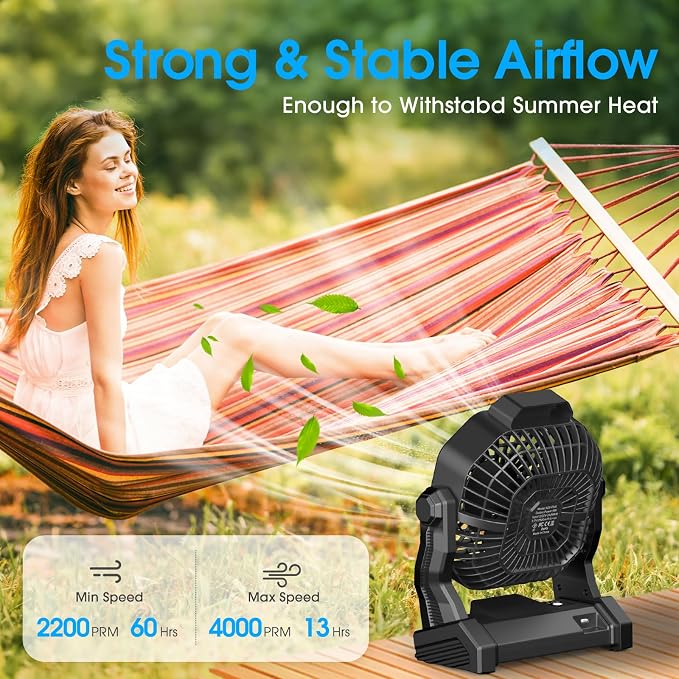 JINLICTE Portable Camping Fan, Rechargeable Battery Powered Tent Fans for Camp Hanging, [13-60Hrs Runtime], 9 Inch, Stepless Speed, Powerful&Quiet, for Picnic, Barbecue, Fishing, Travel, Home, Tent