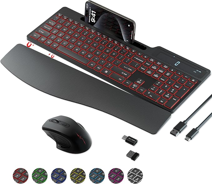 Wireless Keyboard Mouse Combo, Full Size Quiet Ergonomic Keyboard with Calculator, Backlit, Wrist Rest, Phone Holder, 2.4Ghz Silent Rechargeable Keyboard & Mouse for Laptop, PC, Windows (Black)