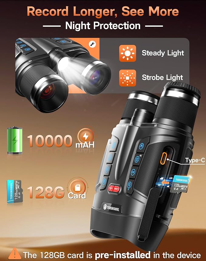 Night Vision Goggles - Smart APP 4K Night Vision Binoculars, 10000mAh Battery, 128GB Card for Photo and Video, 3'' UHD Screen & 8X Zoom Binoculars for Camping, Hunting, Security (Black)