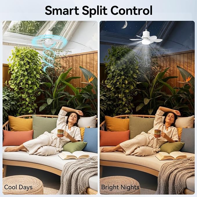 Portable Solar Ceiling Fan with Lights,18.5in Outdoor Fan with Foldable Solar Panel, Remote Control Stepless Dimmable, Timer, 3 Speeds 30dB, Tool-Free Setup for Camping Greenhouse Chicken Coop, White