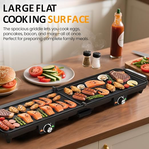 Electric Griddle Indoor, 1600W Large Flat Top Grill with 17.5" x 9" Nonstick Plates, 2 Cooking Zone with Adjustable Temp, Pancake Egg Maker with Drip Tray, Indicator Light