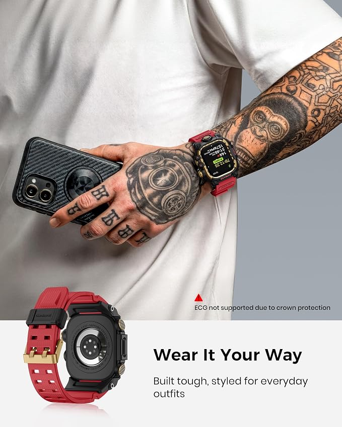 amBand Rugged Case with Band for Apple Watch 46mm, Compatible with Apple Watch (iWatch) Series 10 11, Military Grade Shockproof Bumper Cover, Tactical Band for Men, Red