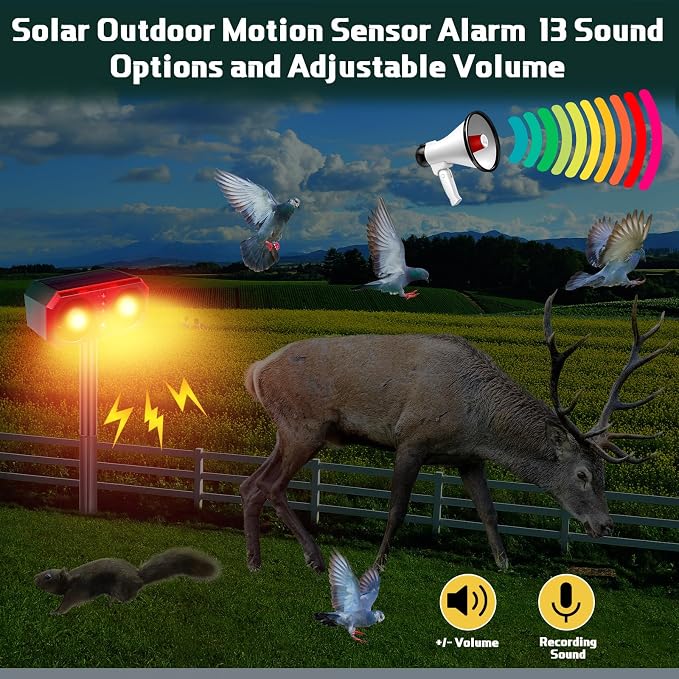 Qualirey 6 Pcs Solar Outdoor Motion Sensor Alarm with Stake Animal Deterrent Dog Barking Sensor 13 Sound 130dB Loud Noise Maker 4 Mode with USB Remote Control Support Recording Volume Adjustment