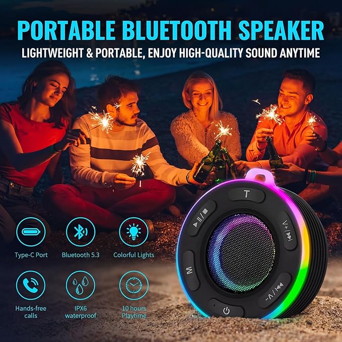JK&EROSSTARS Portable Bluetooth Shower Speaker–Waterproof,Stereo,LED Light | Over 10H Playtime,Built-in Micro,Suction Cup&Hook,for Outdoor,Kitchen,Kayak,Beach,Camping,Gifts for Unisex