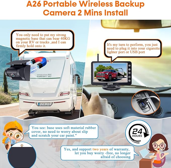 Wireless Backup Camera Magnetic Solar: Install-Free Bluetooth Strong Signal - 5in 1080P Scrath-Proof Rechargeable Wireless Rear View Camera for Trucks RVS Trailer Cars A26