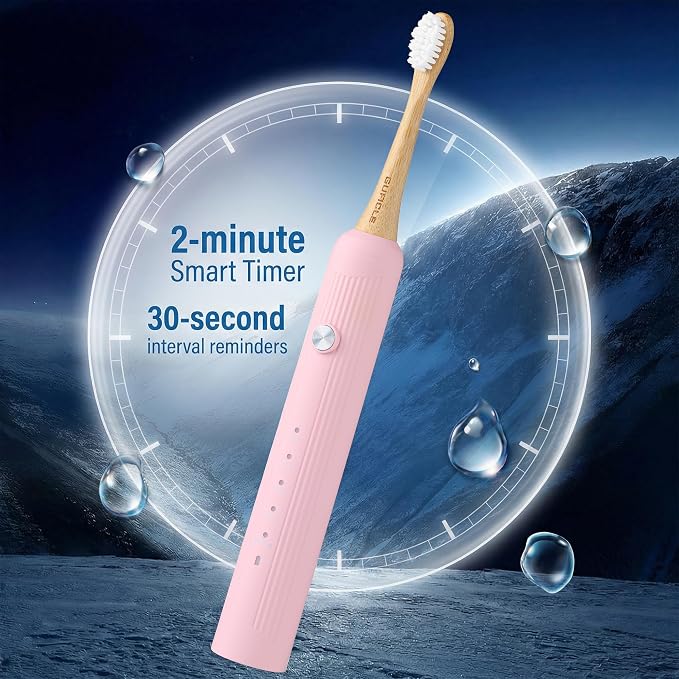 Bamboo Electric Toothbrush for Adults，Sonic Electric Toothbrush with 4 Bamboo Heads, Soft Castor Oil Bristles, 5 Modes, Smart Timer, Sonic Technology, IPX7 Waterproof, 70-Day Battery Life-Pink