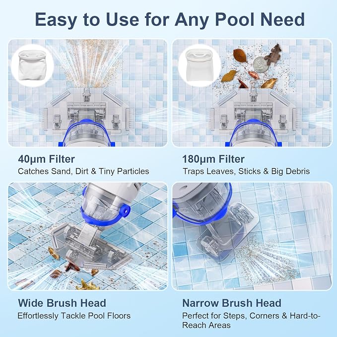 2026 Upgraded Cordless Pool Vacuum with Telescopic Pole, 60 Min Powerful Suction & Transparent Head, Rechargeable Handheld Cleaner for Above Ground Pools, Inground Pools, Hot Tubs and Spa