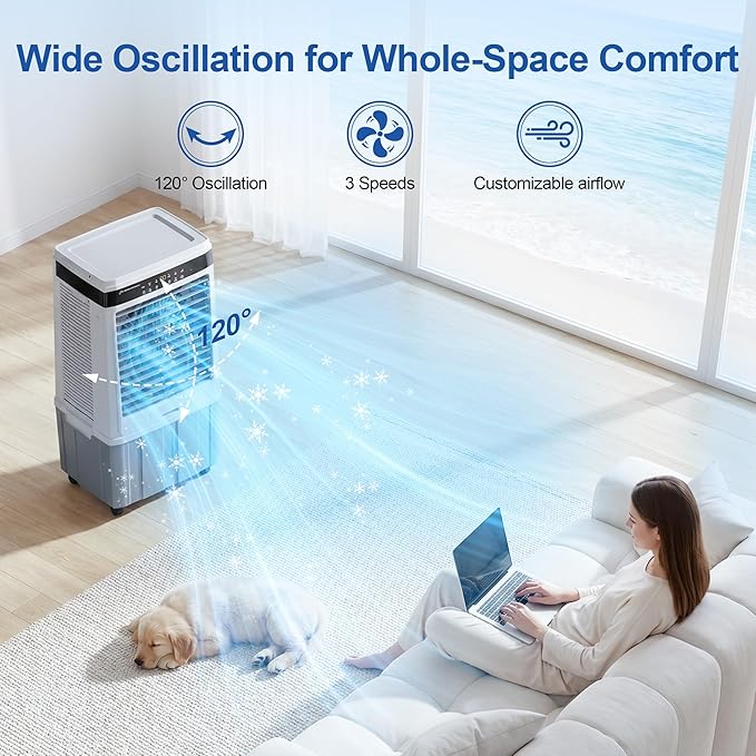 Uthfy 2800 CFM Swamp Cooler, 37" Evaporative Air Cooler with 9.5 Gal Detachable Water Tank, 120° Oscillation, Remote & 12H Timer, Portbable Air Conditioners for Indoor, Garage, Patio