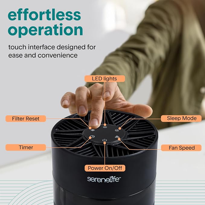 SereneLife HEPA Air Purifier for Home, Compact Quiet Air Purifier with Filter Replacement Alert, Touch Controls, Aroma Box, 2 Fan Speeds & Timer, Suitable for Bedroom or Office Use