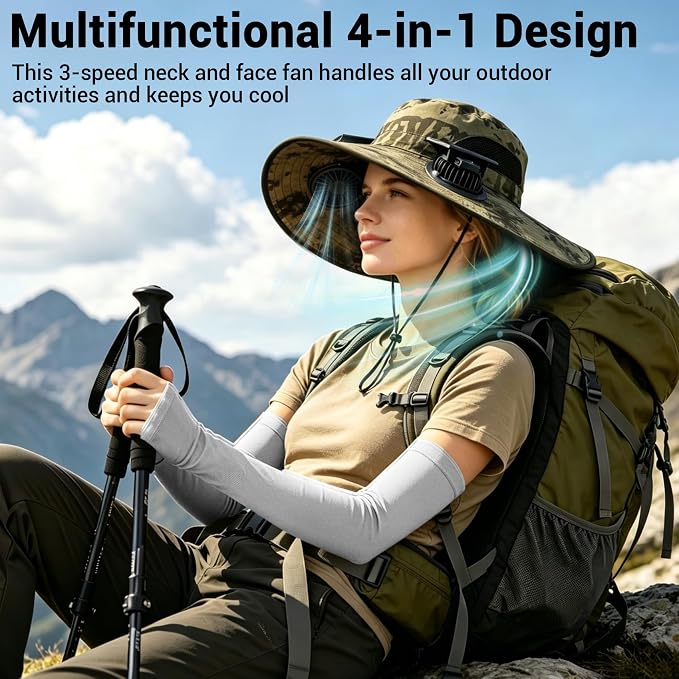 Solar Fan Hat with 2 Fans - Khaki Wide Brim Bucket Hat for Men Women, UPF 50+ Sun Hat for Fishing, Hiking