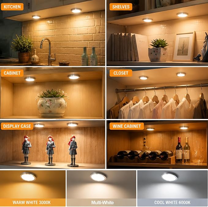 Smart LED Puck Lights, Dimmable Under Cabinet Lighting with Bluetooth App Control, Music Sync, Timer, DC 12V Adaptor (2Pack, Multi-White)