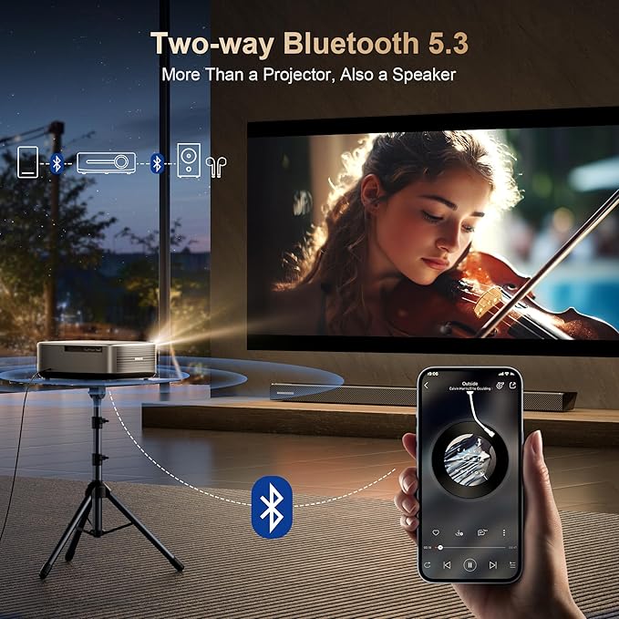 Smart Projector 2026 Upgraded, 2500 ANSI, 4K Supported, 50W DoIby Audio, Built in NetfIix App, Auto Focus & Keystone, WiFi 6 & Bluetooth 5.3, for Home Theater/Soccer Watch party/Outdoor Movie