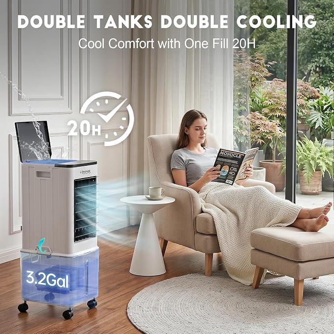 Lifecreek Portable Air Conditioner, 3-in-1 Evaporative Air Cooler with 3.2 Gal Water Tank, Windowless Portable AC Fan with 6 Ice Packs, Remote, 12H Timer, 3 Speeds, 4 Modes for Room Bedroom Office