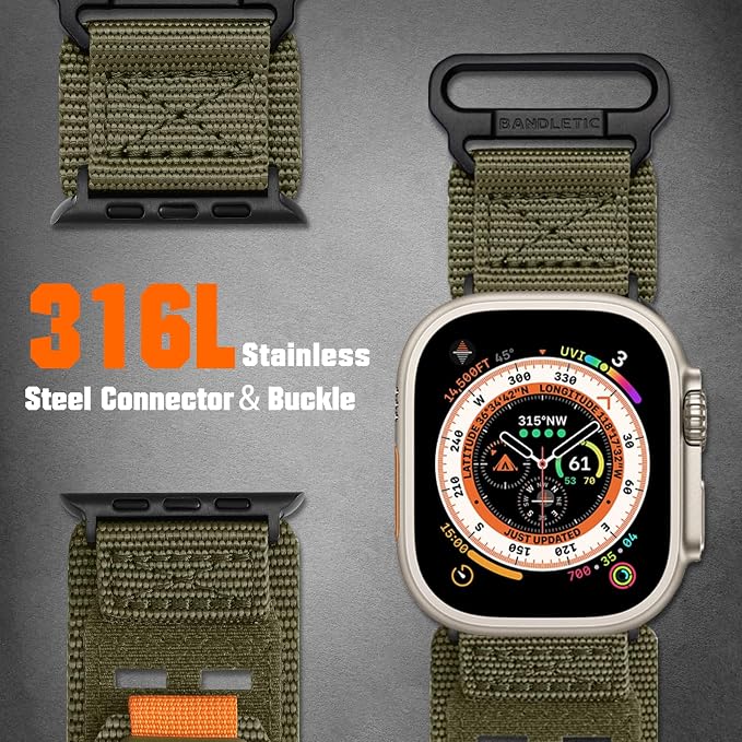Bandletic Compatible with Apple Watch Bands 44mm Men Women, Wide Tactical Military Nylon Rugged Soft Sport Loop for iWatch 49mm(Ultra 3/2/1),46mm(11/10),45mm(9/8/7),44mm(SE3/SE2/SE/6/5/4),42mm(3/2/1)
