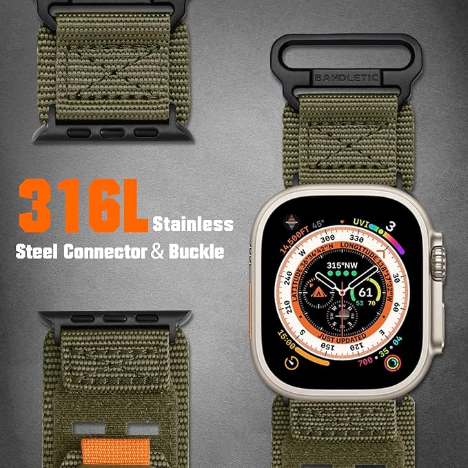Bandletic Compatible with Apple Watch Ultra 2 Band for Men, Wide Tactical Military Nylon Rugged Sport Solo Loop for iWatch 49mm(Ultra 3/2/1),46mm(11/10),45mm(9/8/7),44mm(SE3/SE2/SE/6/5/4),42mm(3/2/1)