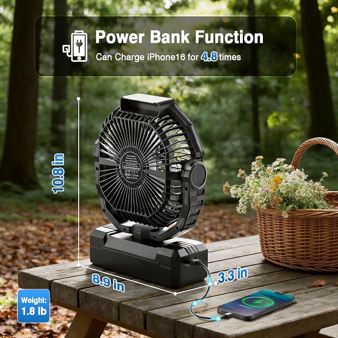 Rechargeable Camping Fan - Portable Battery Powered Fan with Timer & Hook, 150H Working, Ventilador Recargable for Tent, Travel, Gifts for Men Dad