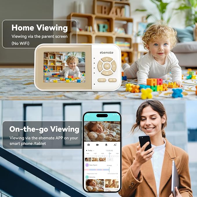 ebemate WiFi Video Baby Monitor with 2 Camera,2.8" Display with 1500Ft Long Range,WiFi On/Off,1080P No Glow Night Vision,2-Way Talk Baby Cam Monitoring