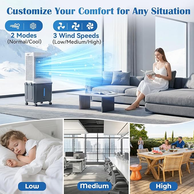 Swamp Cooler, [8GAL|2237 CFM] Portable Air Conditioners, 2 Modes 3 Speeds Portable AC Blow Cold Air, 120° Swing & 7H Timer, 30H+ Cooling, Windowless Air Conditioner w/Remote for Room, Office, Patio
